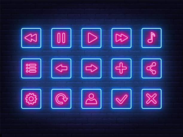 zestaw neonowych ikon do gier i aplikacji - pause button stock illustrations