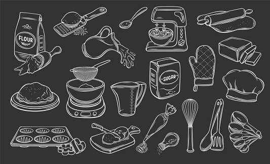 Cooking outline icons set. Line hand drawn ingredients to bake and cook in kitchen, food and dessert preparation symbols and bakers tools to make dough and whipped cream cake. Vector illustration.