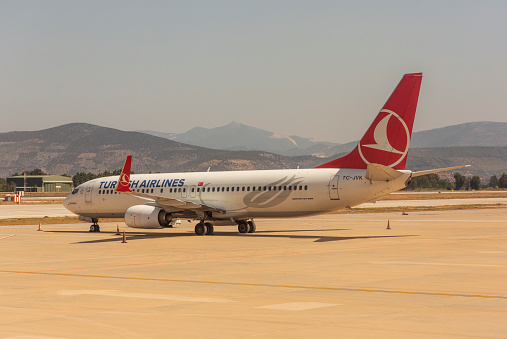 Turkish Airline waiting line to take-off at mugla milas international airport  turkey