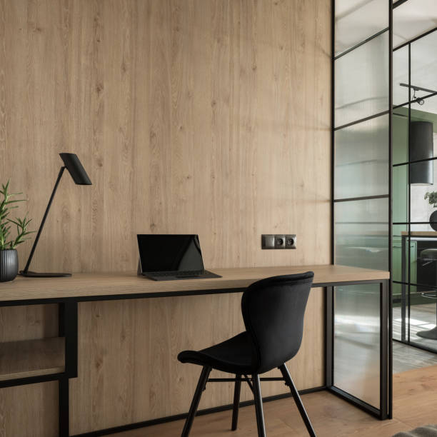 istock Wooden wall in simple home office 1457057001