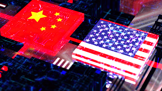 Processor Unit, Chip War. The Chip Crisis, The World's Big Problem. China and usa Flag.