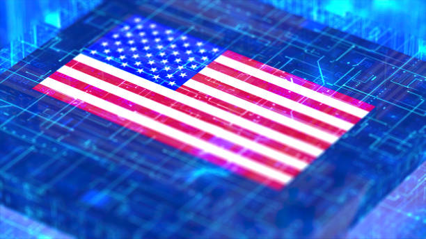 istock Processor Unit, Chip War. The Chip Crisis, The World's Big Problem. USA Flag. 1457057369