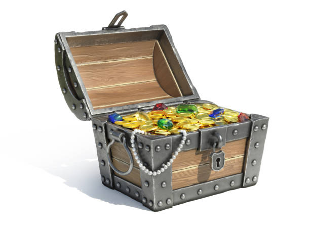 Open treasure chest full of golden coins, gems and pearls, 3d rendering stock photo