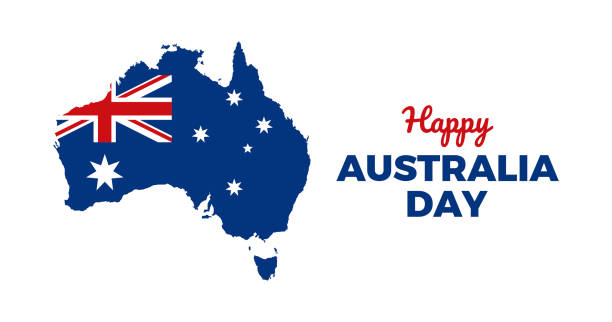 ilustrações, clipart, desenhos animados e ícones de cartaz do dia da austrália feliz com vetor de silhueta do mapa da austrália - australia map australian flag flag