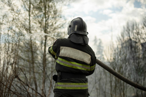 istock Firefighter puts out fire in woods. Lifeguard pours water. 1457058262