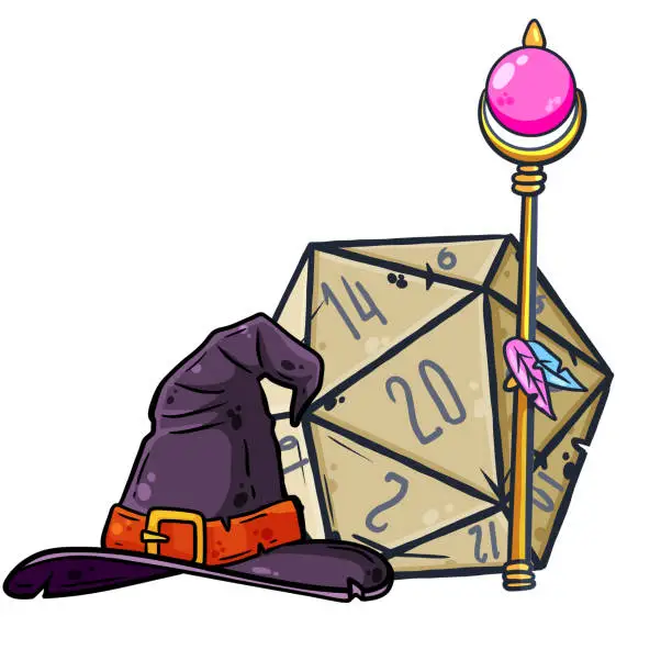 Vector illustration of Dice for playing DnD. Tabletop role-playing game Dungeon and dragons with d20. Magical role of sorcerer with witch hat.