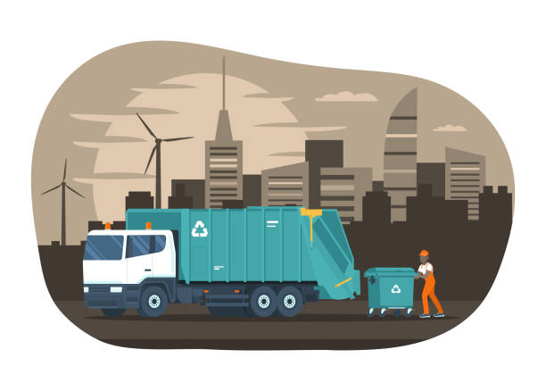 the worker loads a garbage container into the garbage truck - atık yönetimi stock illustrations