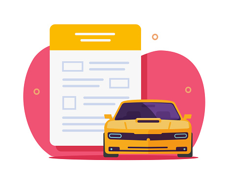 Car tax form claim application filing vector icon or auto insurance loan policy statement document flat illustration, vehicle automobile registration paper agreement, loan credit submission service