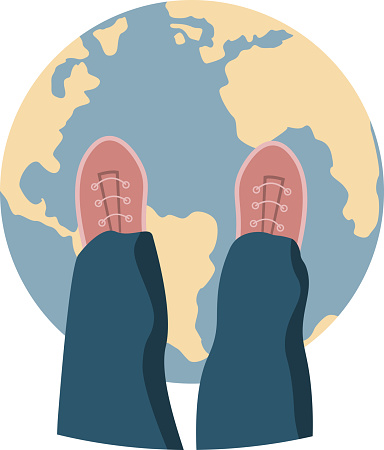Badge with planet Earth and human feet in sneakers drawing in flat style pale colored
