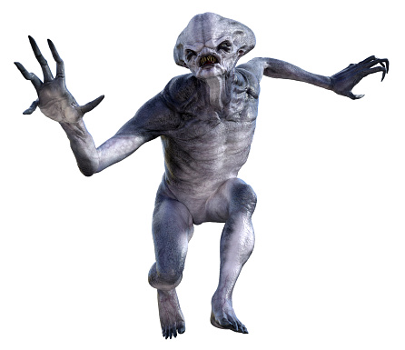 3d illustration of an alien crouching in an attack position with arms out isolated on a white background.