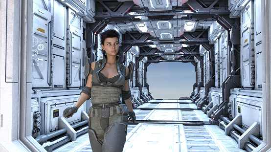 3d illustration of a woman combat soldier walking in a futuristic corridor open at one end showing a cloudy blue sky.