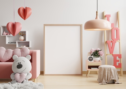 Mockup frame in the valentine's day with white sofa on white color wall.3d rendering