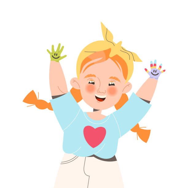 illustrations, cliparts, dessins animés et icônes de happy little girl partageant des ondes positives montrant un smiley dessiné sur sa main palm vector illustration - image smiley gratuit