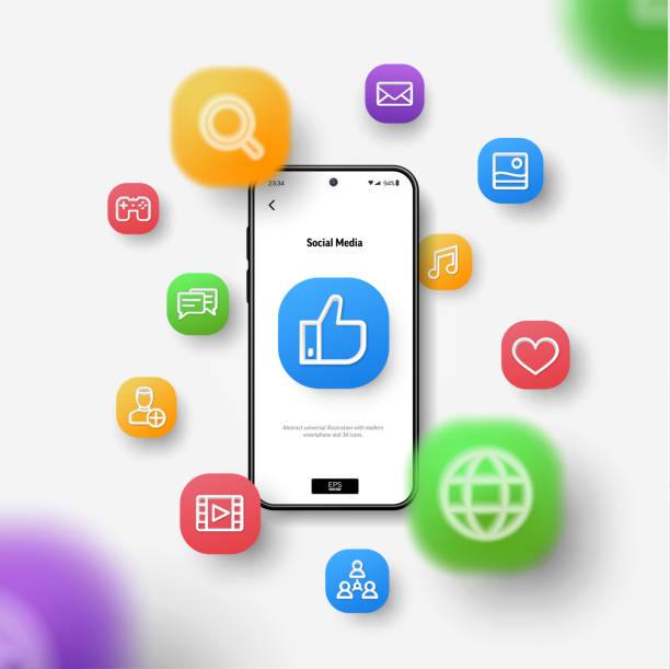 Social media network concept. 3d icons flying over smartphone. vector art illustration