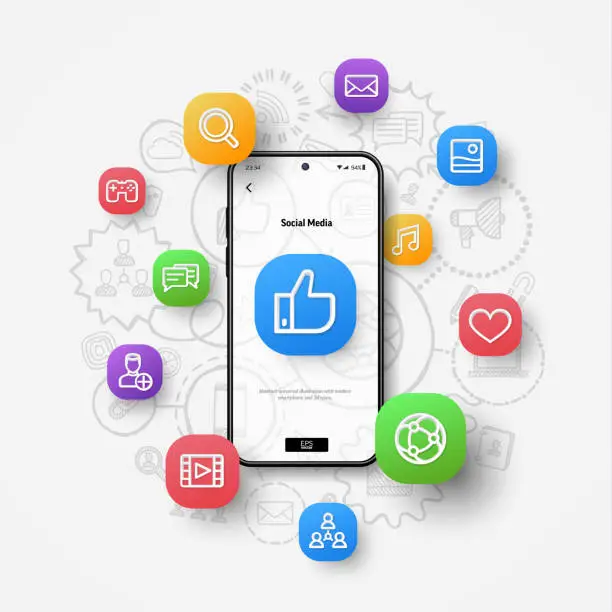 Vector illustration of Social media network concept. 3d icons flying over smartphone on hand drawn sketch, doodle design background.