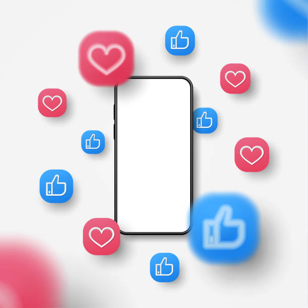 Blank smartphone, Social media network post reaction background. 3d style vector illustration. Blank smartphone, Social media network post reaction background. Like, subscribe, heart symbol. Modern minimal design. 3d vector illustration, blur effect. enjoyment stock illustrations