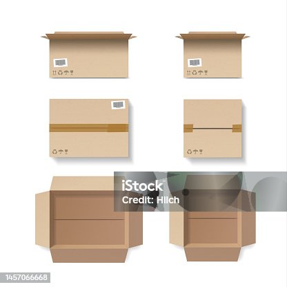istock Set of closed and open cardboard boxes with tape, icons and stickers. 3D Vector mockup 1457066668
