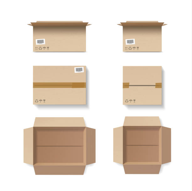 Set of closed and open cardboard boxes with tape, icons and stickers. 3D Vector mockup vector art illustration