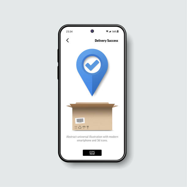 Realistic smartphone mockup with map pin, check symbol and open cardboard box on screen for application design. 3D Vector vector art illustration