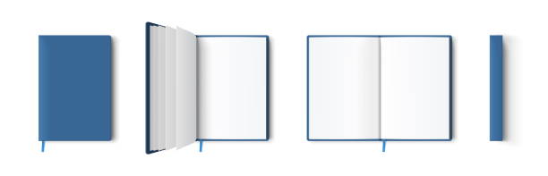 пустая синяя книга или макет блокнота. блокнот и шаблон закладок в разных представлениях изолированы на белом фоне, прозрачные тени. - open stock illustrations