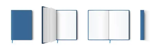 Vector illustration of Blank blue book or notepad mockup. Notebook and bookmark template in different views isolated on white background, transparent shadows.