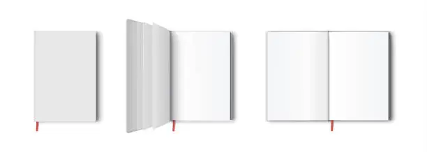 Vector illustration of Blank book or notepad mockup. Notebook and bookmark template in different views isolated on white background, transparent shadows.