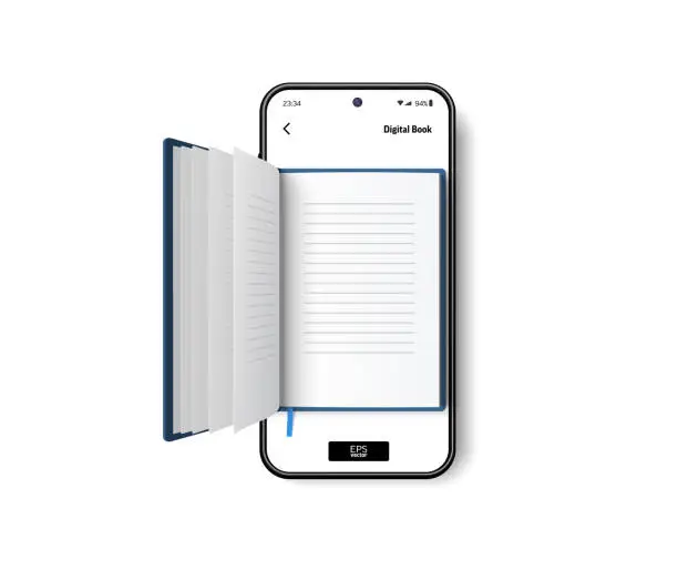 Vector illustration of Open paper book on screen of mobile phone. Digital literature for learning and reading online. 3D Realistic vector illustration on white background.