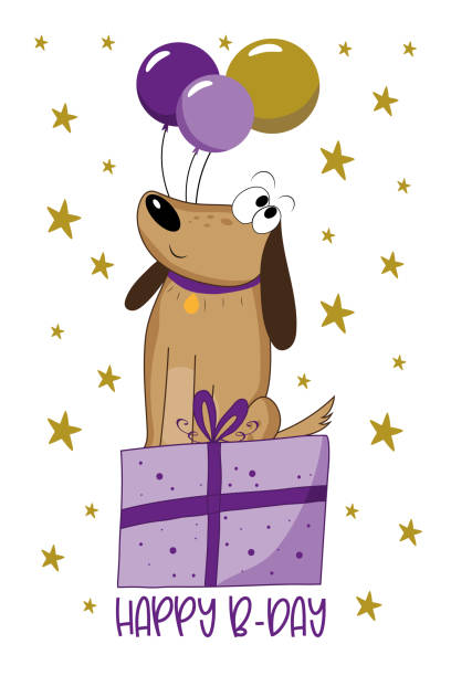 ilustrações de stock, clip art, desenhos animados e ícones de happy birthday - dog with balloons and gift box - birthday card dog birthday animal