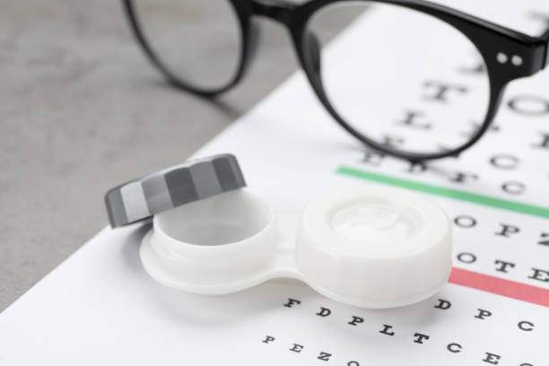 istock Case with contact lenses, eye chart test and glasses on table, closeup 1457068126