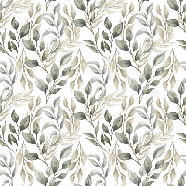 istock Seamless watercolor greenery pattern with   in trendy neutral colors. Delicate Florals Hand drawn repeat paper. 1457068995