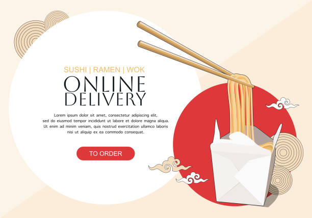 Online delivery street wok banner with text Online delivery street wok banner with text chinese takeout stock illustrations