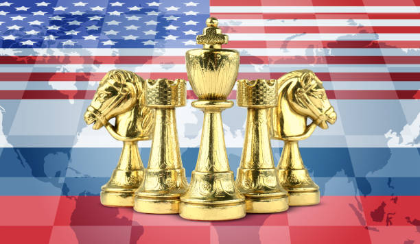 istock Russian and American flags, world map and chess pieces 1457070584