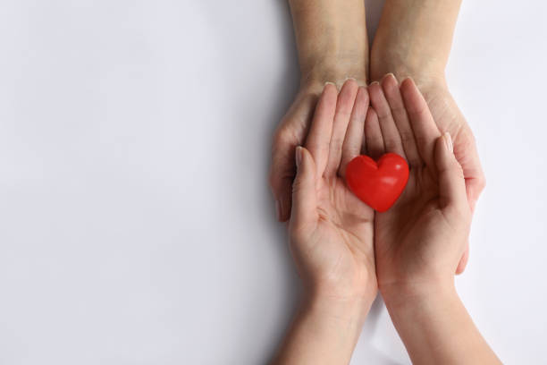 istock Young and elderly women holding red heart on white background, top view 1457070868