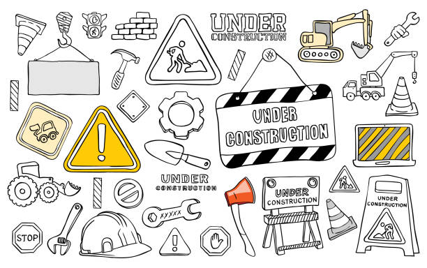 Under Construction Symbols Set Sketch This is a digital sketch of a set of under construction symbols construction vehicle stock illustrations