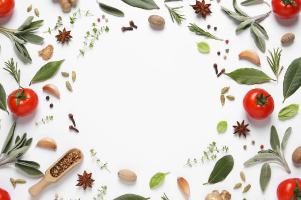 istock Different fresh herbs and spices on white background, top view 1457070977