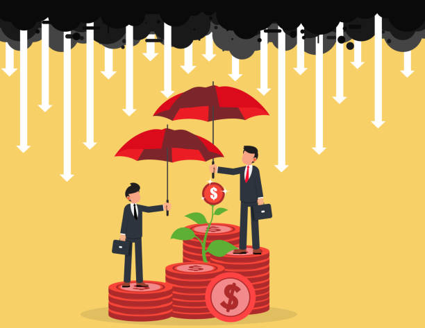 illustrations, cliparts, dessins animés et icônes de assurance épargne financière. deux hommes d’affaires avec un parapluie rouge protégeant les flèches pleuvent en crise économique ou en krach boursier - security umbrella rain currency