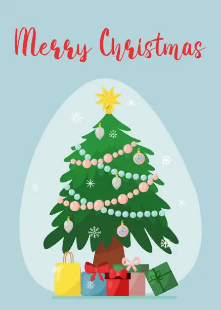 Vector illustration of Christmas tree decorated with festive balls, lights and star, gift boxes under the tree, flat vector