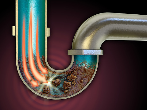 Chemical agent used to unclog some pipes. Digital illustration, 3D rendering.