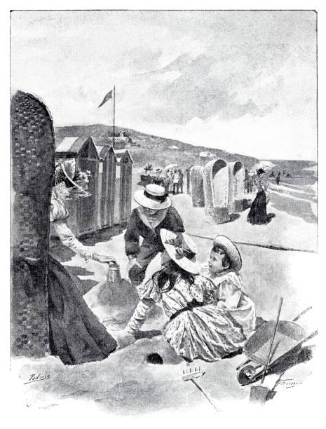 Mother with children at the beach in summer 1899 Mother with children at the beach in summer 1899
Original edition from my own archives
Source : Ilustración Artística 1899
after Pedrero victorian swimwear stock illustrations