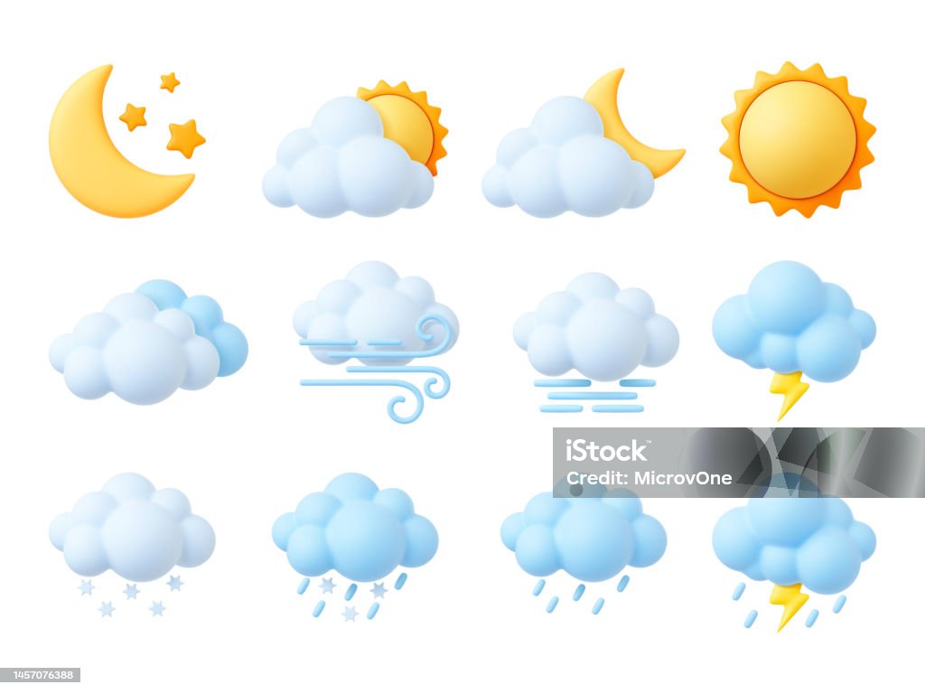 粘土の3D天気アイコン、レンダリングスタイルの太陽、積雲、雪片。トレンディなふわふわの泡雲、風のシンボル、雨滴。ピシー単離ベクトル集合 - 3Dのロイヤリティフリーベクトルアート 粘土の3D天気アイコン、レンダリングスタイルの太陽、積雲、雪片。トレンディなふわふわの泡雲、風のシンボル、雨滴。ピシー単離ベクトル集合 - 3Dのロイヤリティフリーベクトルアート