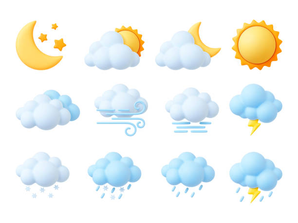 plasticine 3d 날씨 아이콘, 렌더링 스타일 태양, 적운 및 눈송이. 트렌디 한 푹신한 거품 구름, 바람 기호, 빗방울. 간결한 격리 벡터 세트 - 날씨 stock illustrations