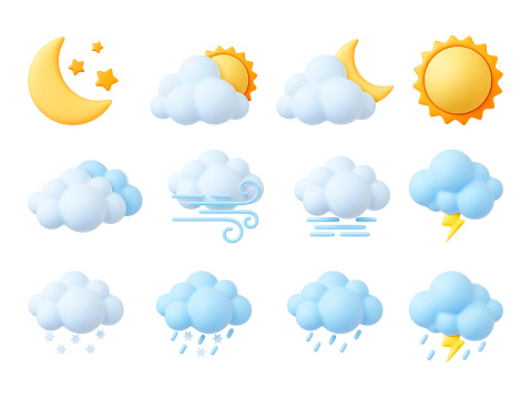 Plasticine 3d weather icons, render style sun, cumulus and snowflakes. Trendy fluffy bubbles clouds, wind symbol, raindrops. Pithy isolated vector set of weather meteorology illustration