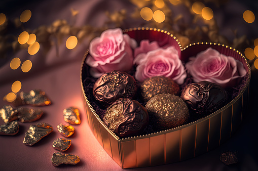 Valentine's day box of chocolates and red roses on a wood background.