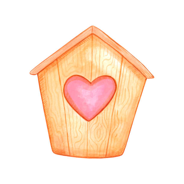 handgezeichnetes aquarell valentinsvogelhaus. dekoratives element des heiligen valentins. sammelalbum, etikett, banner, postkarte. - birdhouse wood isolated white background stock-grafiken, -clipart, -cartoons und -symbole