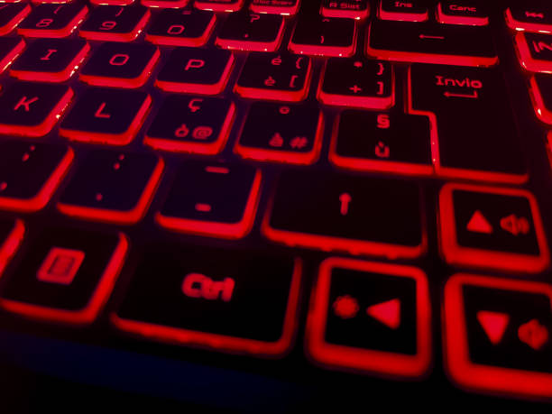 istock Glowing Laptop Keyboard. Close-up of a Computer Keyboard. Creative Photo with Glowing Computer Keyboard on Black Background 1457080995