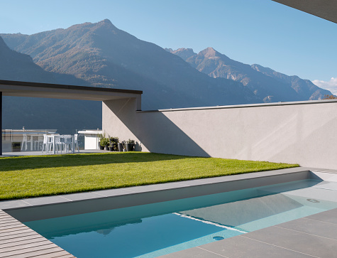 Swimming pool with a view of the Swiss Alps. There is a garden and a patio. Nobody inside