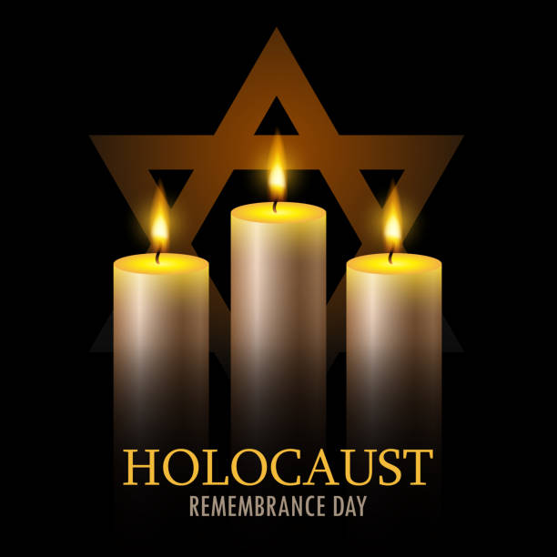 istock International holocaust remembrance day. Three burning candles and star of David on a black background. 1457082313