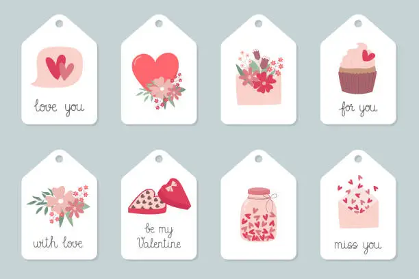Vector illustration of Set of Valentine's Day gift tags with hand drawn cute elements.