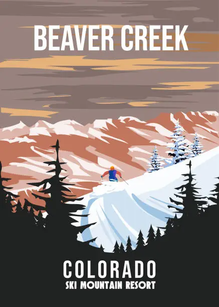 Vector illustration of Beaver Creek Ski Travel resort poster vintage. Colorado USA winter landscape travel card