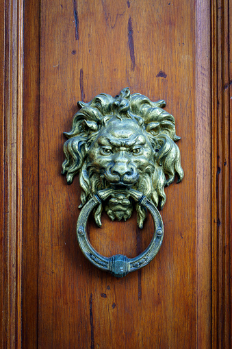 Antique decorative handle knocker on wooden vintage house door. Classical metal bronze lion head. High quality photo